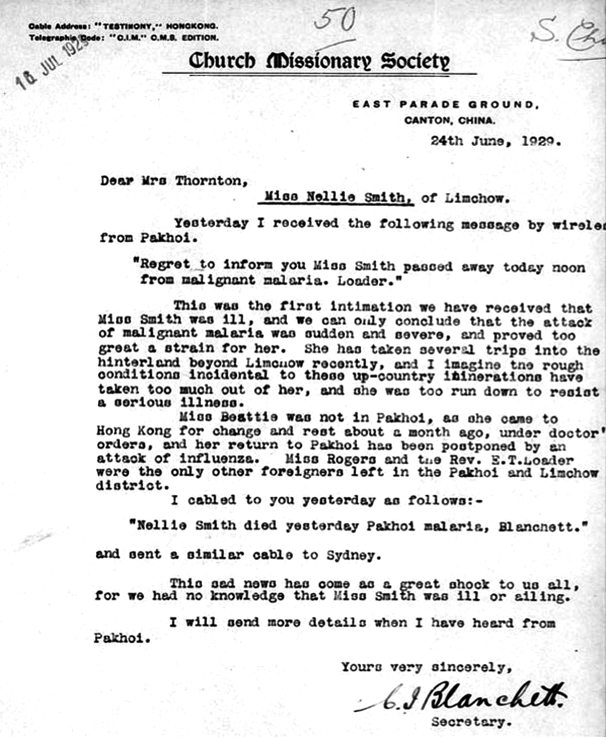 Notification of Nellie’s Death from Pakhoi